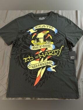 Ed Hardy Graphic Tee small black with Yellow, Red & Blue Accents